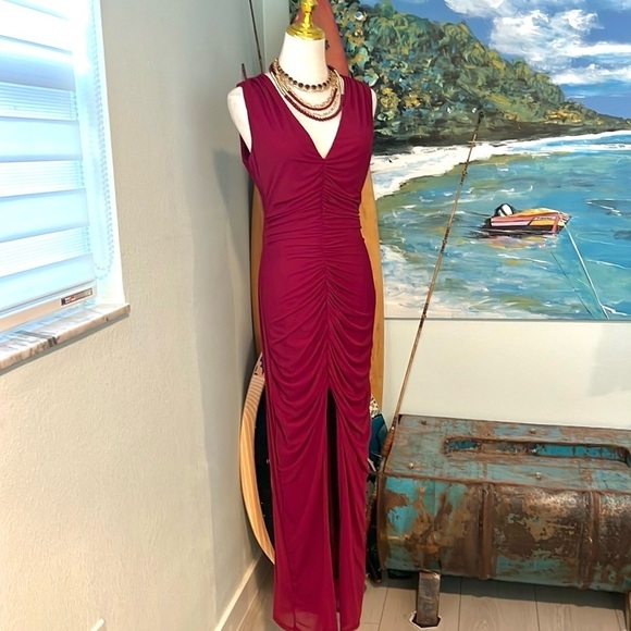 NWT FASHION NOVA, Don't Ruche Me Mesh Gown, Burgundy Wine, Instantly Slimming,L - Picture 10 of 16